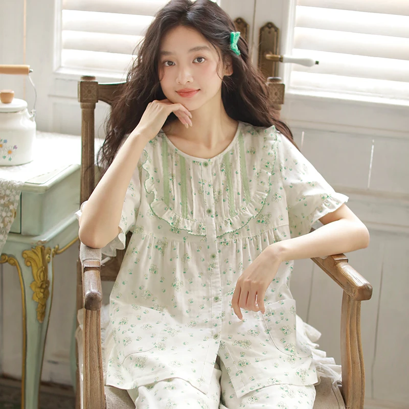 春夏薄款女士睡衣双层棉纱圆领宽松短袖七分裤夏季小清新MS25176