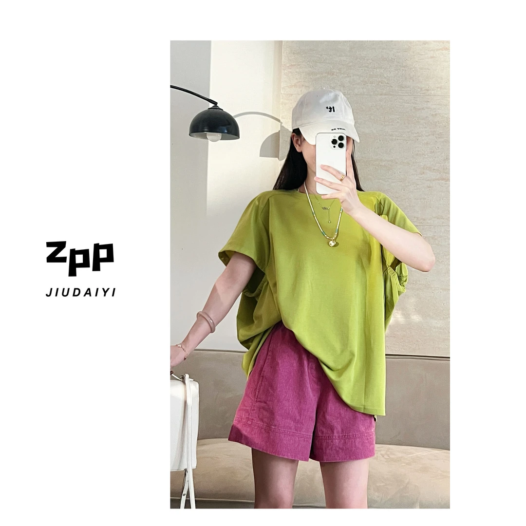 玖黛衣现货【舒适嫩绿】新款夏季纯色宽松纯色短袖T恤TXP40821