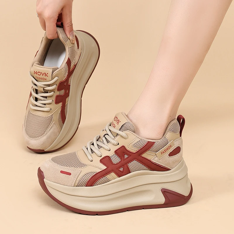 2025春秋季新款内增高网面休闲厚底老爹鞋系带拼色网鞋小单鞋女鞋