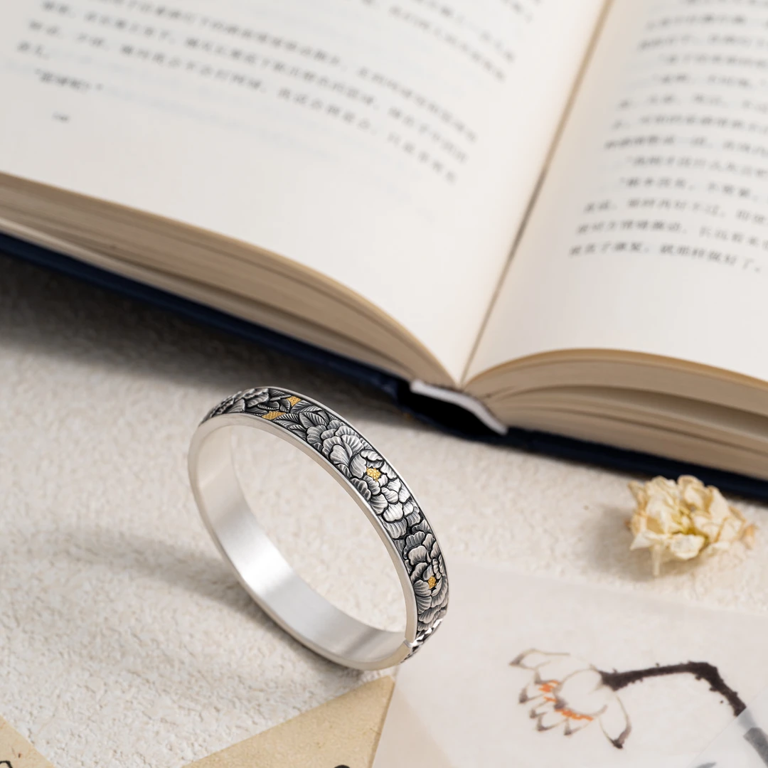 足银手镯 忆牡丹丨足银手镯999丨牡丹手工雕刻压边开口约57g