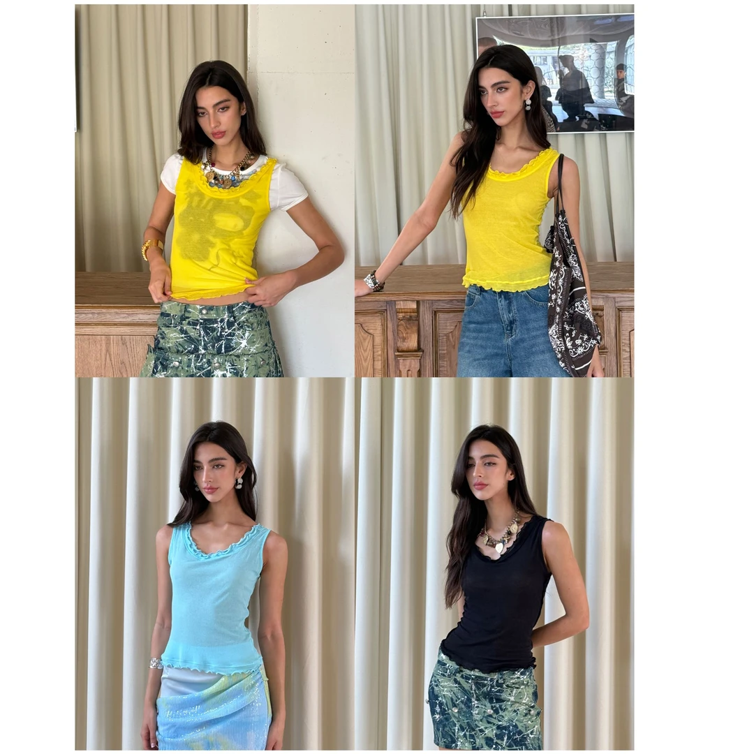 CAPPOW多巴胺亮色花边弹力针织百搭多种穿搭修身背心打底夏季无袖