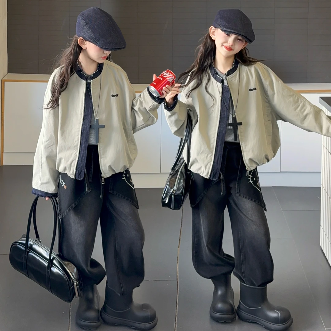 女童韩版洋气拼接牛仔棒球服2025新款初中生秋装韩系洋气百搭外套