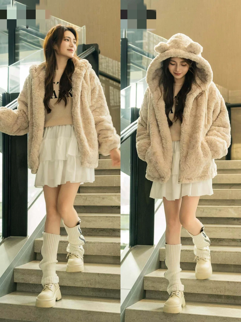 [101-179]①号链接2024冬季新款毛毛外套加绒加厚韩版休闲慵懒甜美