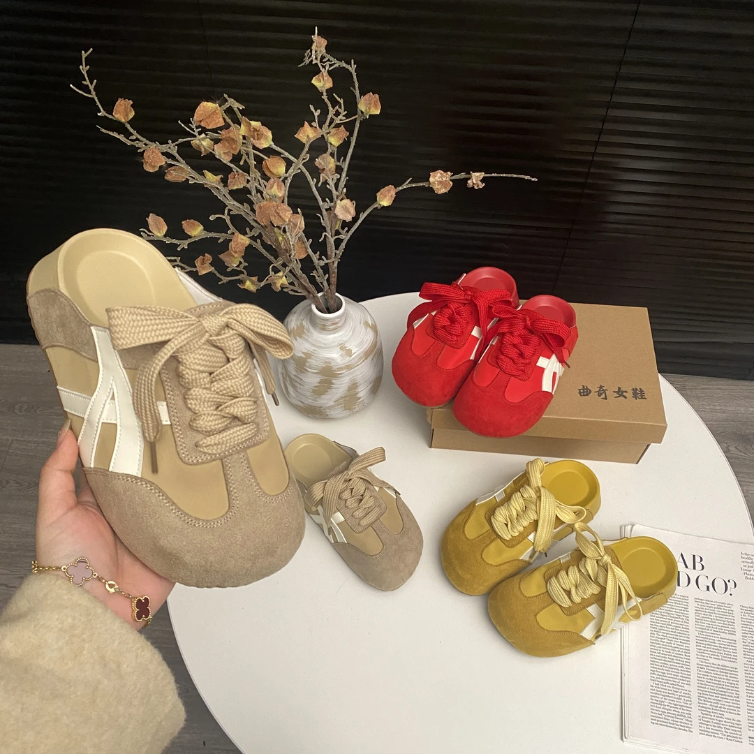 软糖德训~夏季百搭增高女厚底德训半拖系带懒人一脚蹬韩版包头拖