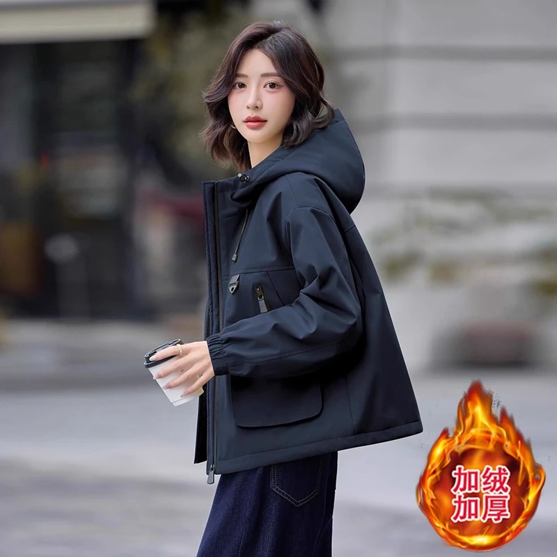 时尚休闲加绒连帽棉服女2025秋冬款韩系时髦洋气小个子工装风棉衣