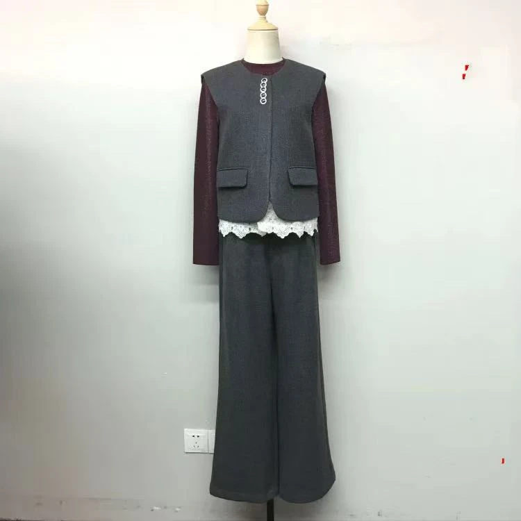 【T1453】冬花边马甲小衫三件套裤