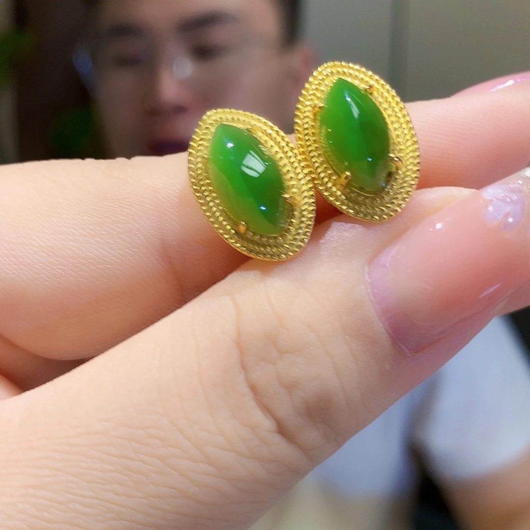 银S925镀金镶嵌和田玉（碧玉）耳饰
