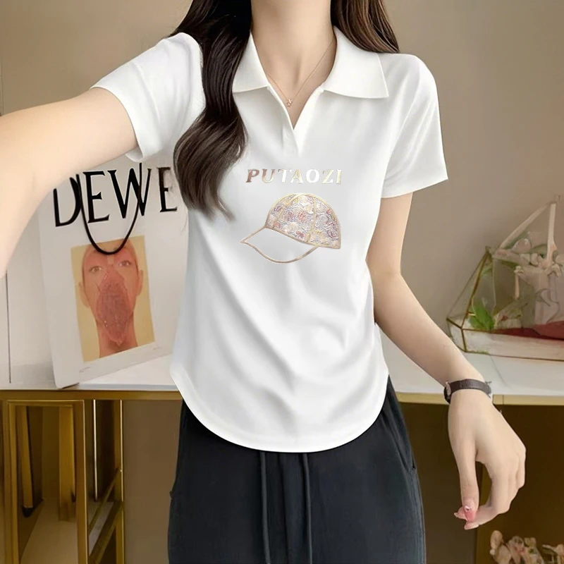 圆弧下摆设计T恤夏季新款POLO领减龄显瘦短袖时尚简约印染上衣女