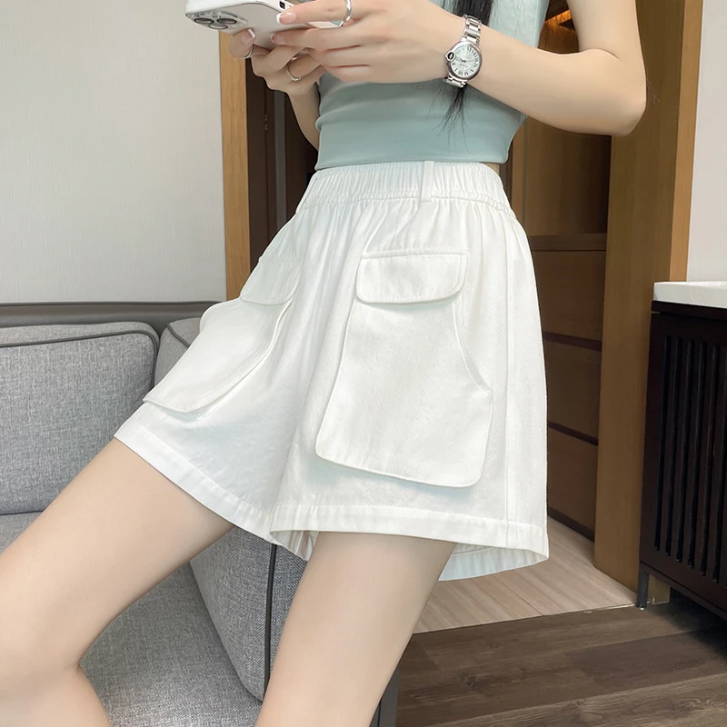 高腰夏季纯色工装四分裤阔腿裤短裤白色百搭阔腿显瘦A字牛仔短裤