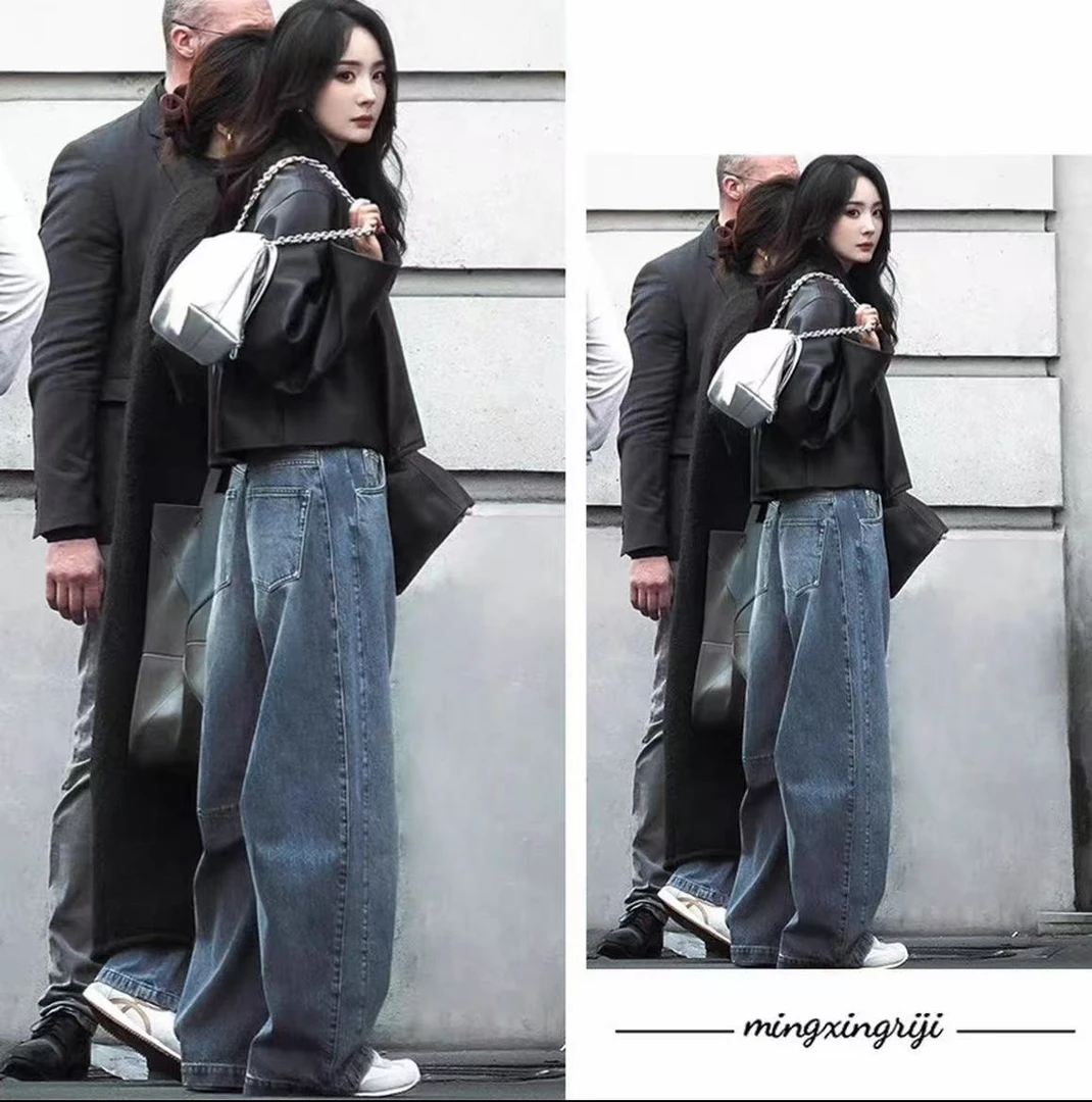 杨幂同款蓝色阔腿牛仔裤女2025早秋季新款复古高腰宽松直筒裤子