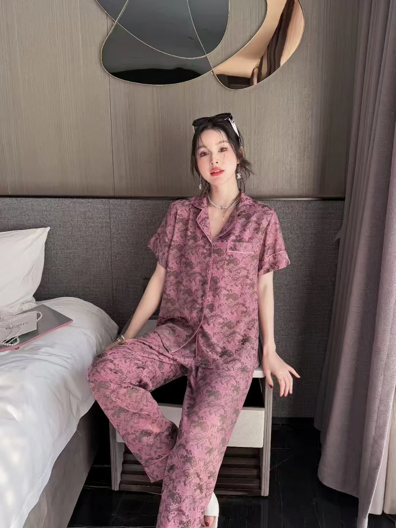 春夏薄款女士家居服国风印花设计可外穿冰丝睡衣