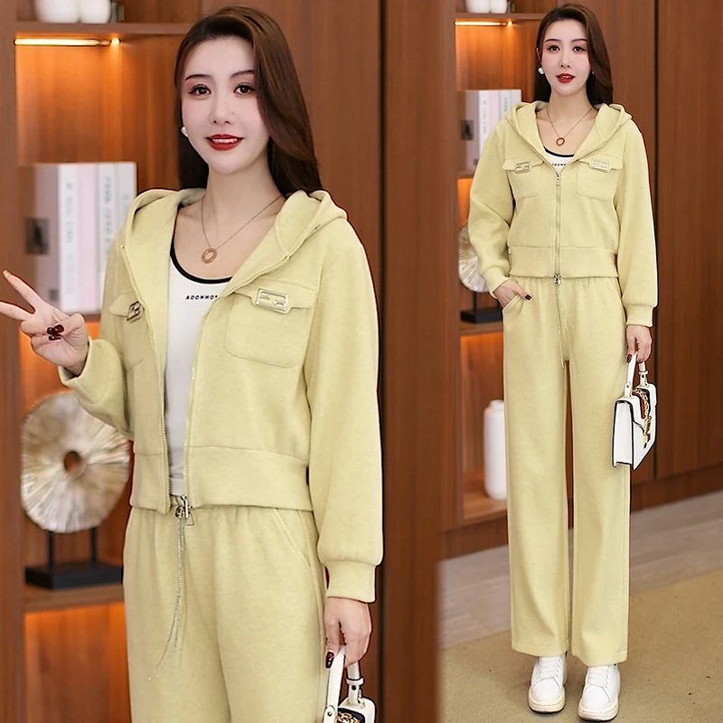 时尚运动套装穿搭一整套女春秋新款连帽宽松套头卫衣直筒裤两件套