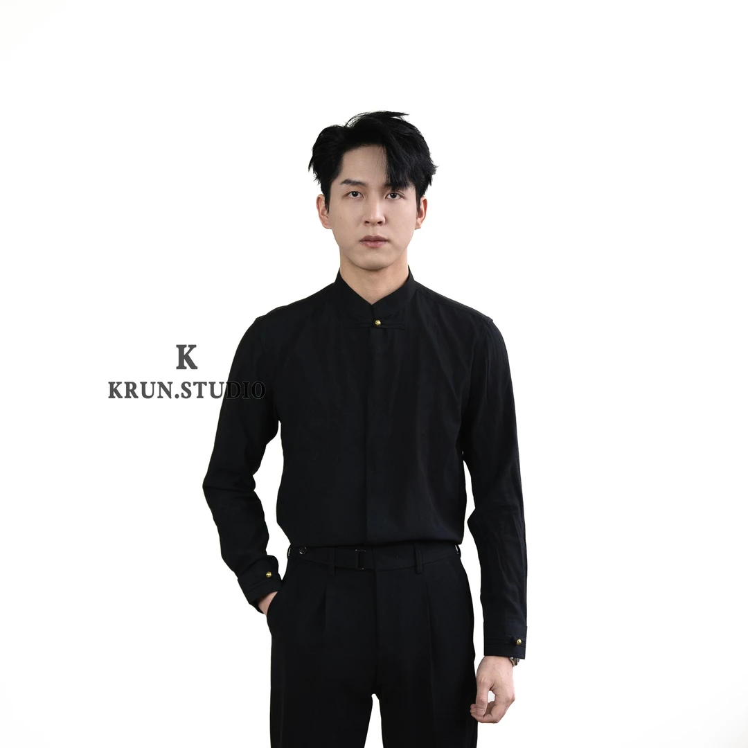 【618】原创设计新中式国风纯色衬衫隐藏式纽扣半领衬衫-2528