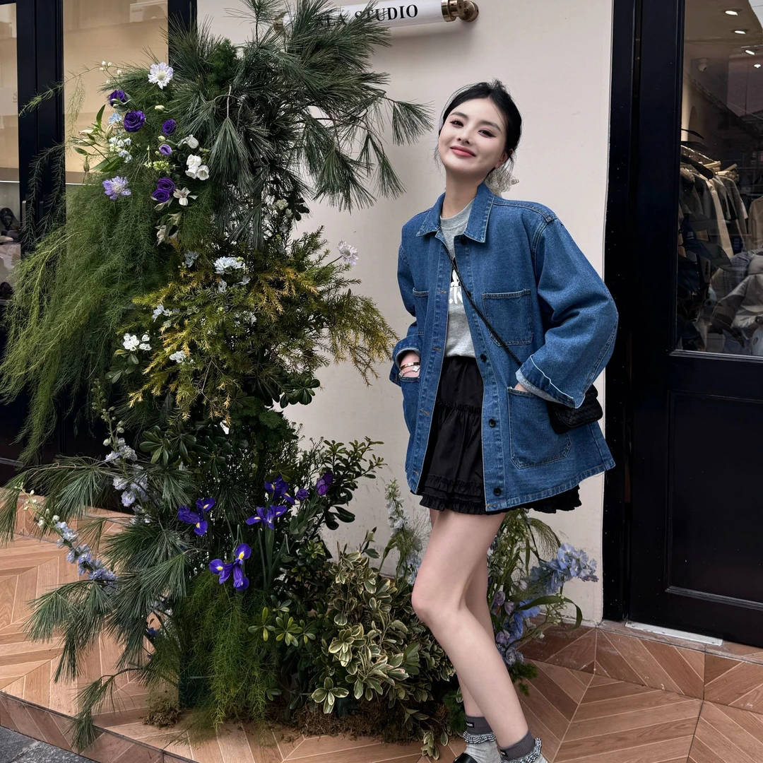 【西海岸少女】早春款复古多口袋设计牛仔百搭短款时尚长袖外套