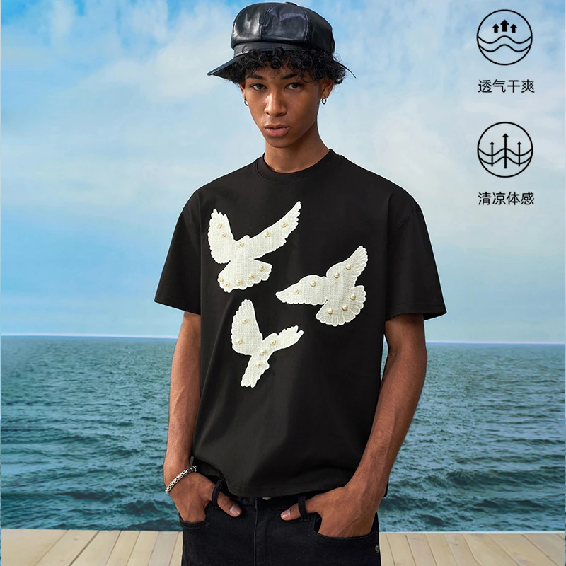 【杨和苏同款】YADcrew亚德鲁小香风贴布珍珠和平鸽凉感潮流短袖T恤