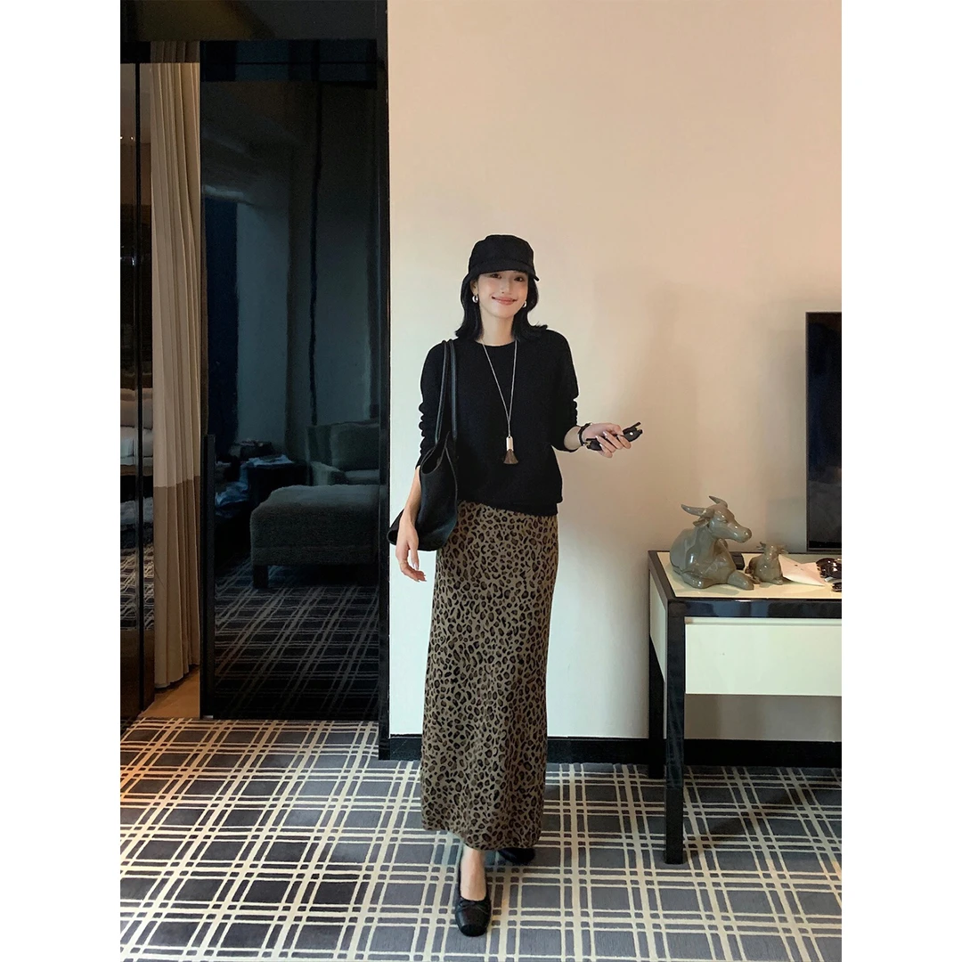 IAMJAM  棕色复古豹纹半身裙女秋冬高腰长款半裙新款显瘦针织裙子
