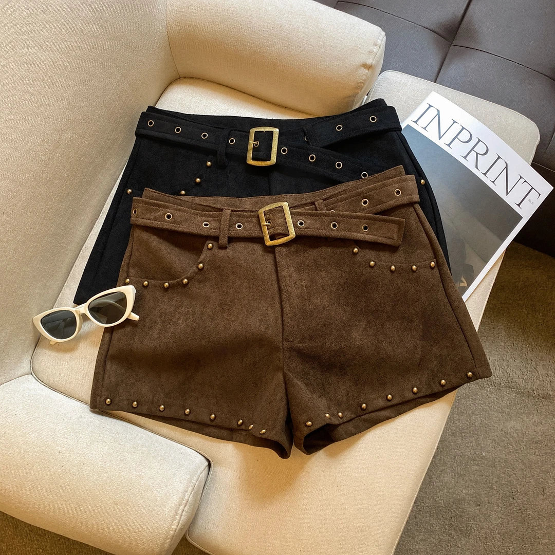 2025美式辣妹外穿宽松铆钉设计感麂皮绒短裤女高腰显瘦小个子热裤