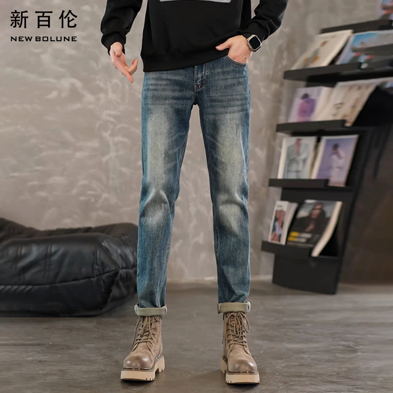 新百伦牛仔裤男士2025新款秋冬修身时尚休闲百搭直筒微弹长裤潮流