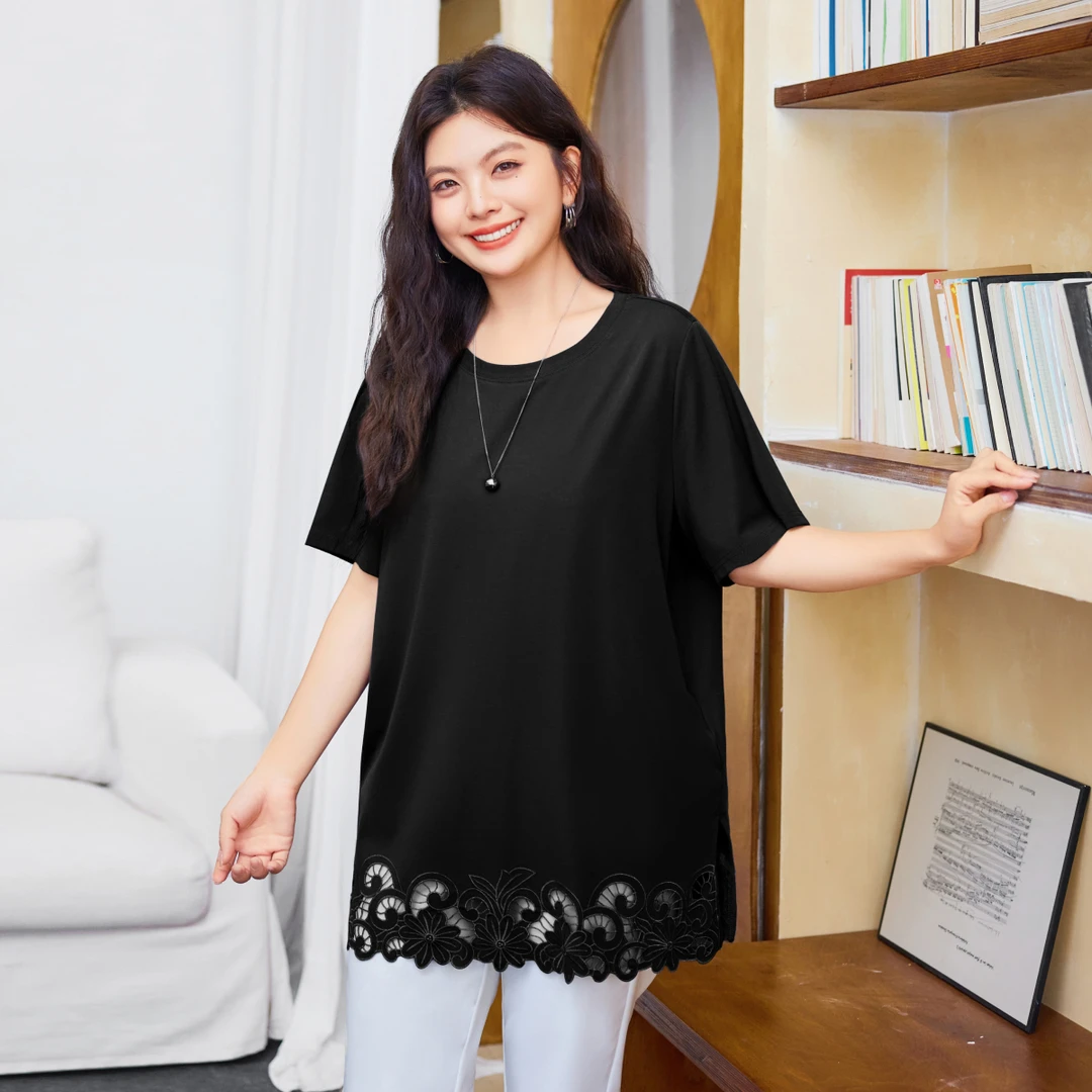 【人棉】MsShe大码女装秋季宽松开叉镂空刺绣中长短袖T恤B2507006