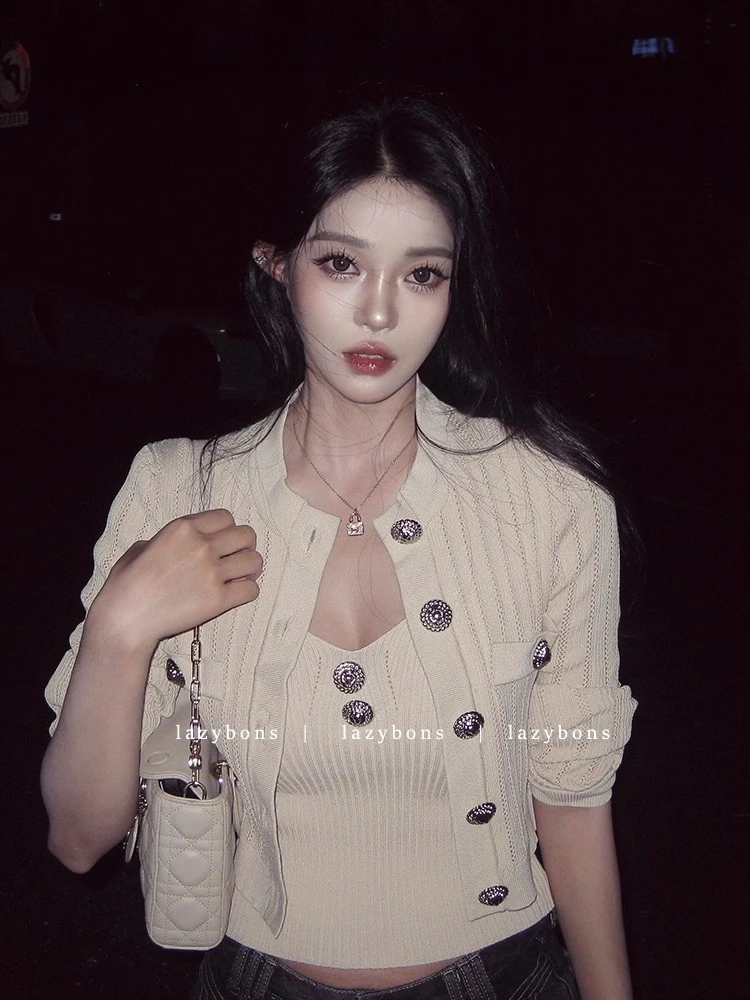 秋季穿搭高级感套装女气质名媛小香风短款针织外套抹胸上衣两件套