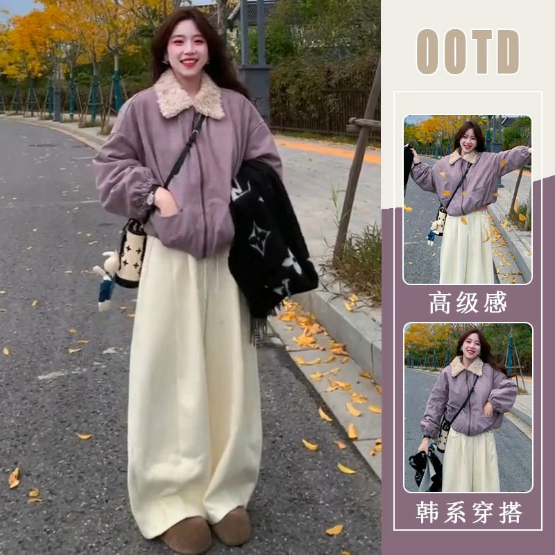 慵懒风休闲气质时尚外套上衣女2025秋冬季新款百搭杏色裤子两件套