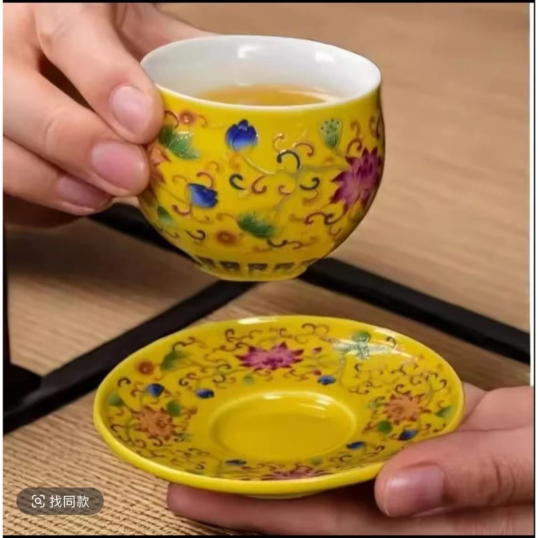 京隆堂珐琅黄茶杯加茶垫