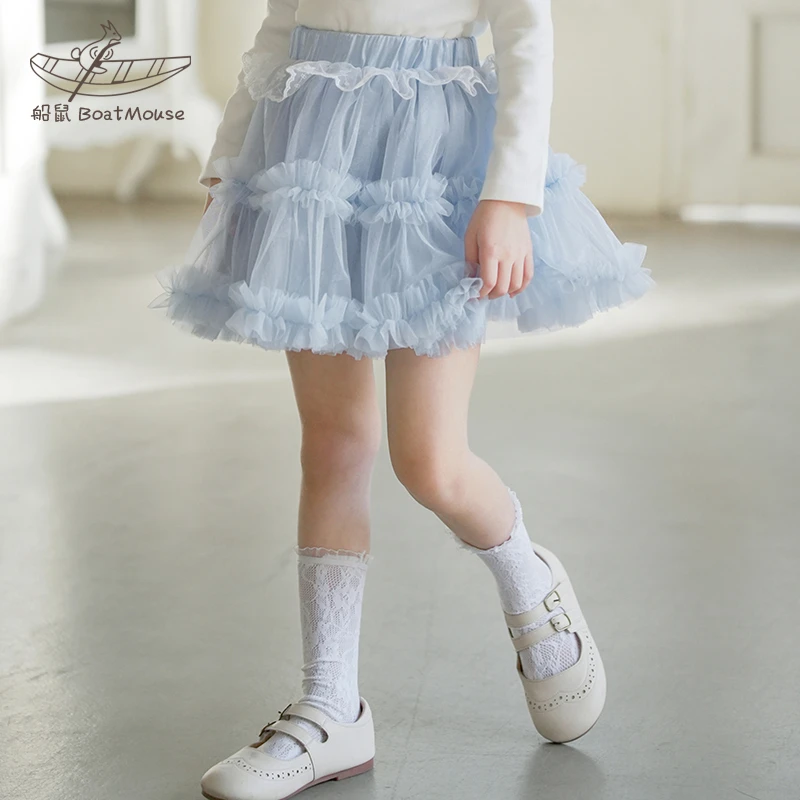 船鼠童装女童半身裙网纱短裙春秋2025新款木耳边洋气儿童女孩裙子