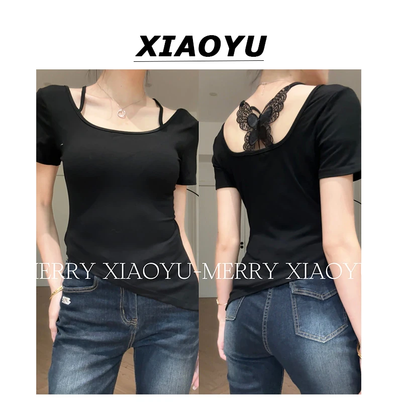 小鱼【光影盈动】辣妹刺绣蝴蝶设计短袖夏季纯欲显瘦性感上衣