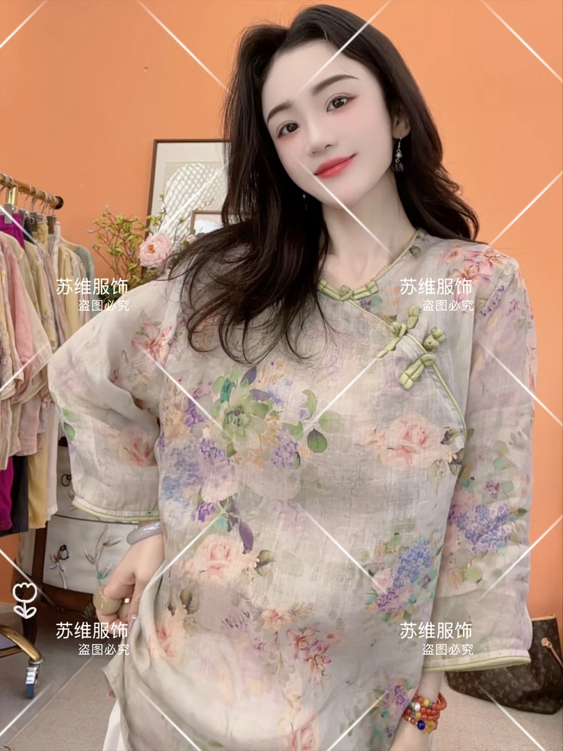 2233夏季宽松苎麻新中式圆领印花刺绣五分袖民族风衬衫