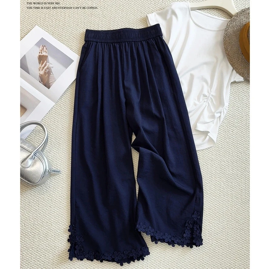 花朵拼接冰丝阔腿裤女2025夏季新款宽松大码直筒小个子休闲九分裤