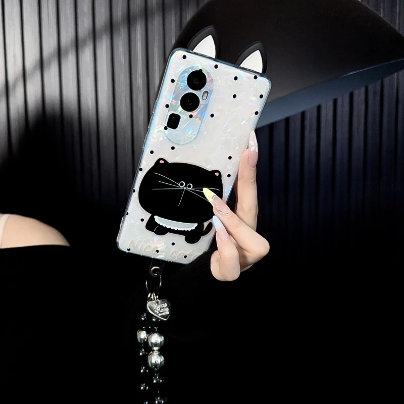 适用opporeno10手机壳新款reno10pro套oppo可爱波点黑猫耳朵女款+