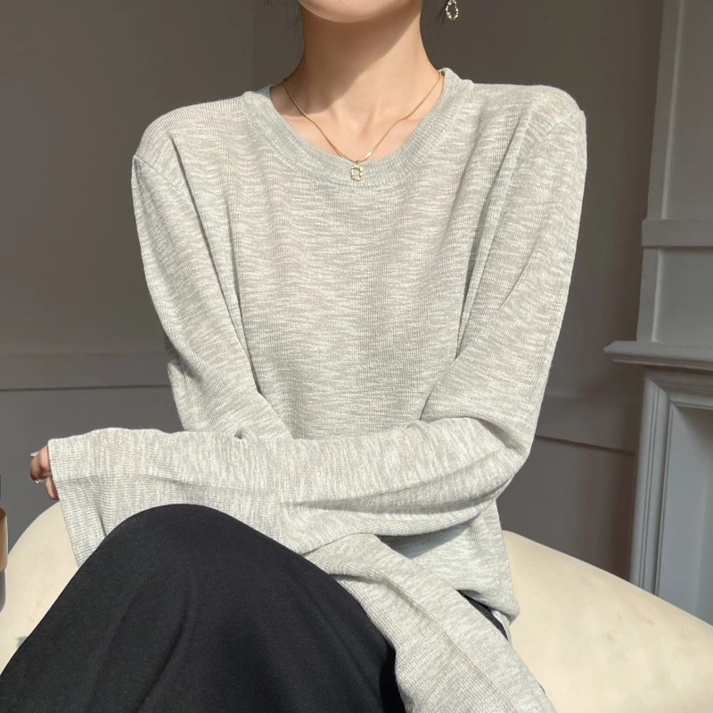 韩版慵懒风薄款微透防晒棉麻针织衫女夏季宽松圆领T恤罩衣