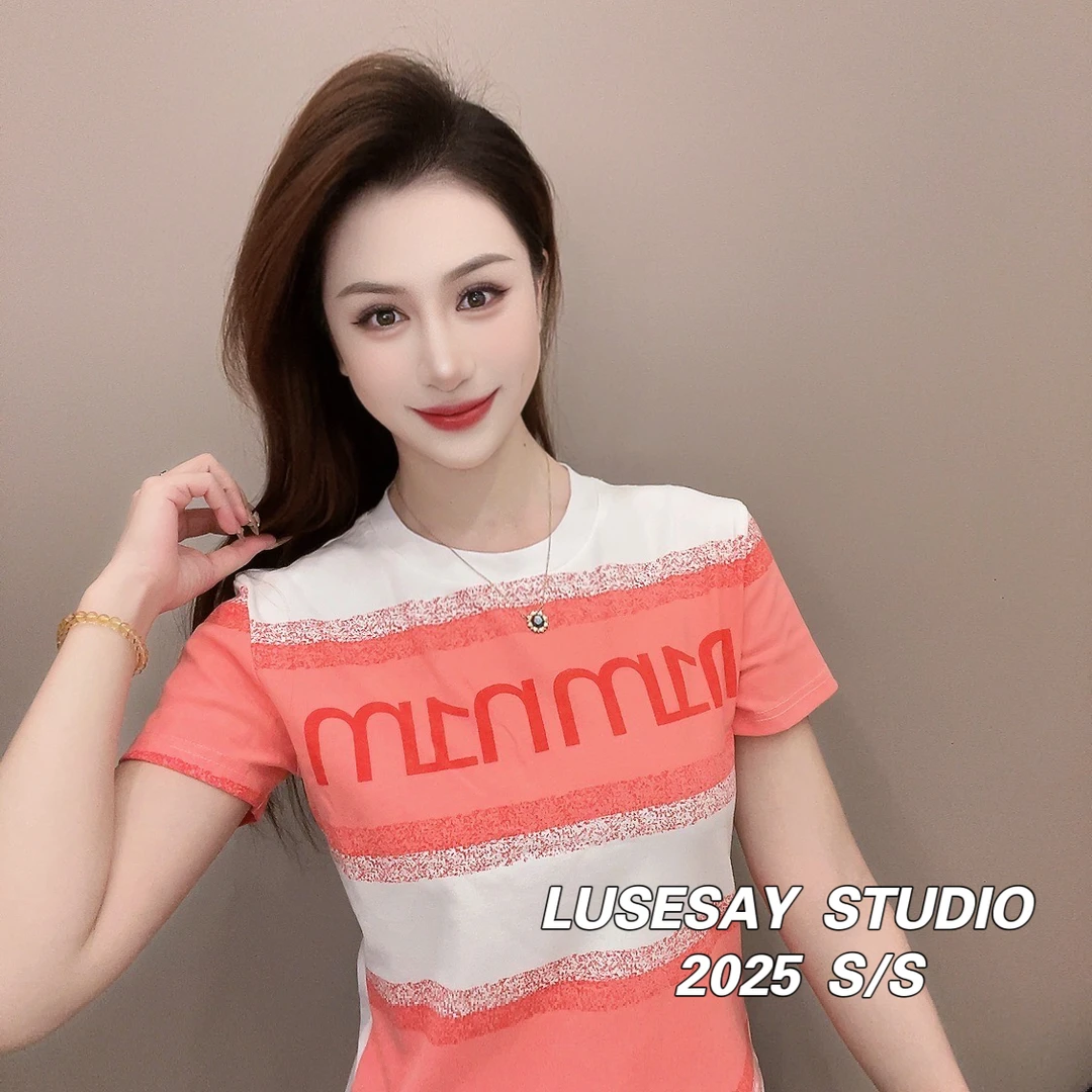 LUSESAY 设计感条纹字母 早春2025新款短袖t恤女百搭休闲圆领上衣