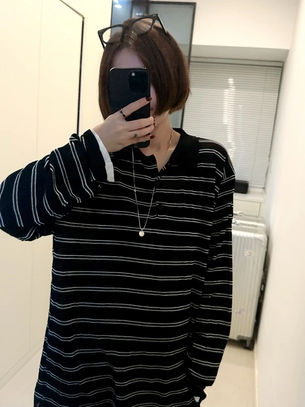 M系条纹撞色polo领长袖上衣减龄百搭