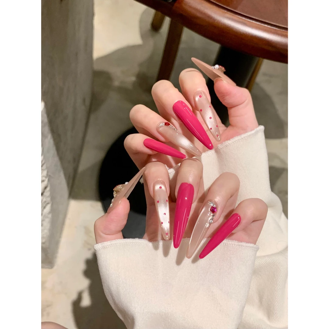 【草莓啵啵】纯手工穿戴甲玫红显白高级猫眼美甲渐变波点新款穿戴甲