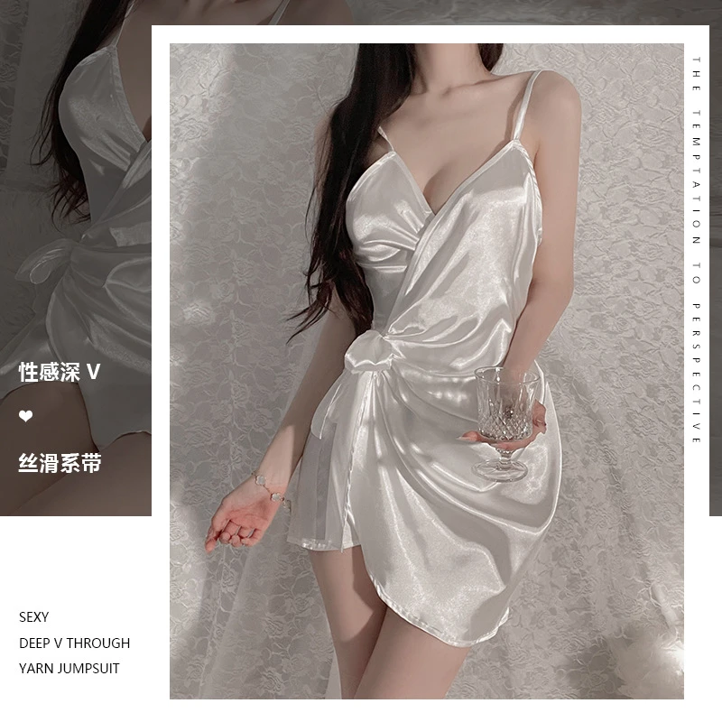 GR瑰若性感系带修身显瘦睡衣褶皱吊带睡裙女式纯欲风家居服套装