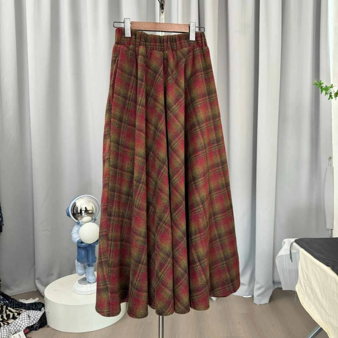 【丽】010大摆毛呢高腰格子复古百搭中长裙半身裙女2025秋冬新款