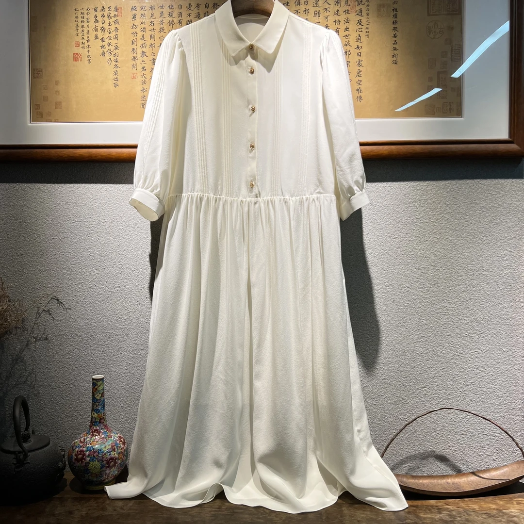 纯色重磅双皱减龄气质翻领桑蚕丝连衣裙D9008825