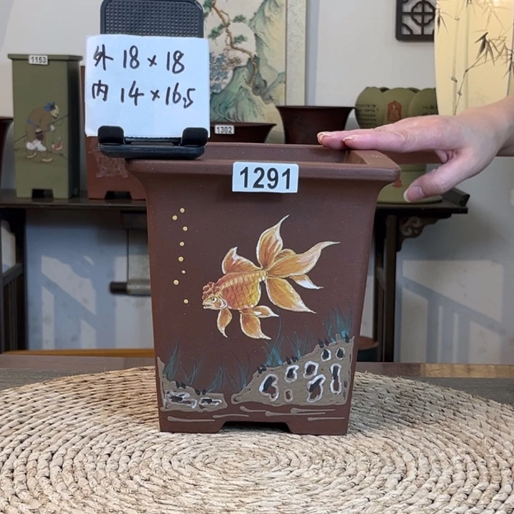 紫砂花盆 放漏新品紫泥彩绘金鱼四方1291
