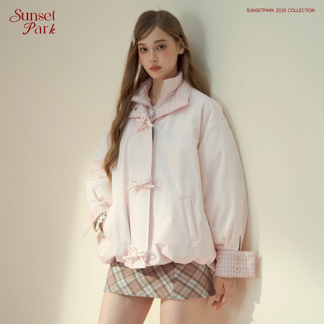 SunsetPark日落公园"小花苞"粉色蝴蝶结花苞少女格纹羽绒服外套冬