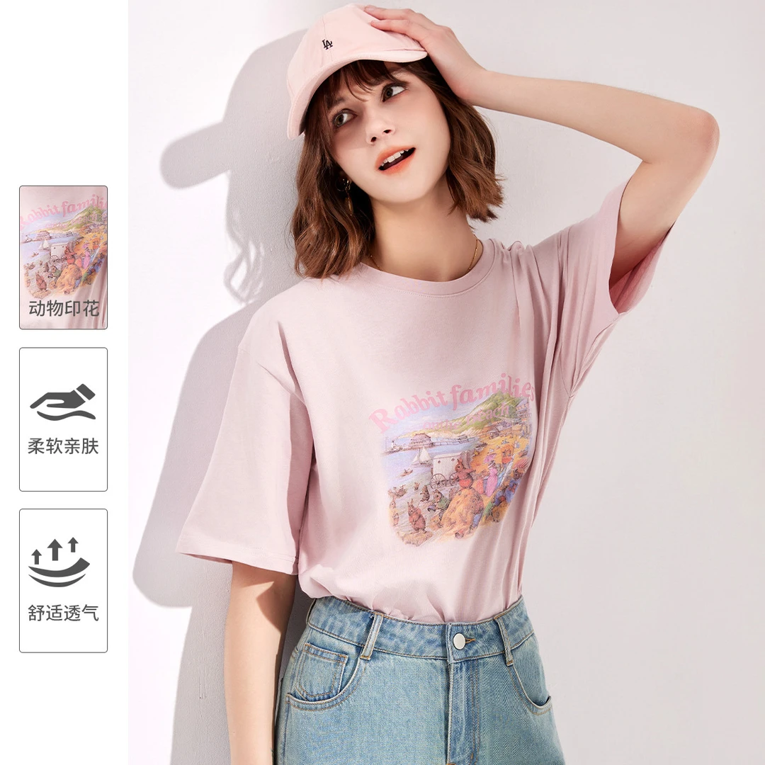 【粉丝专享】【棉】夏款圆领印花慵懒休闲上衣气质粉色T恤女短袖