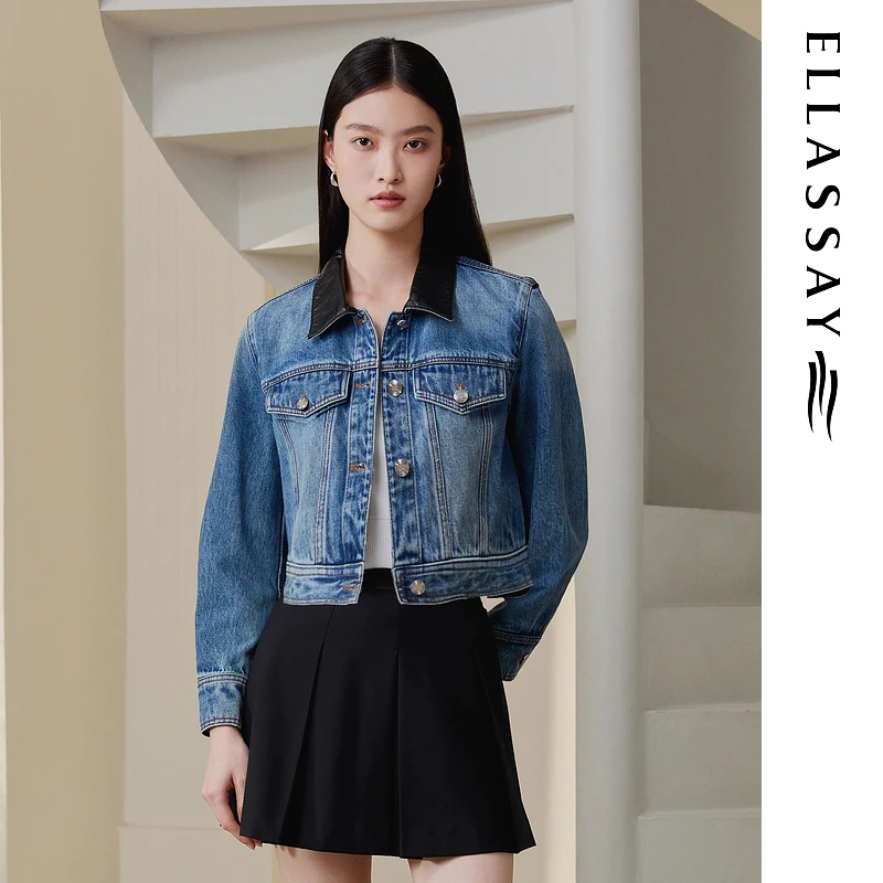 ELLASSAY歌力思2025秋季新款做旧牛仔短外套女EWB363N00100