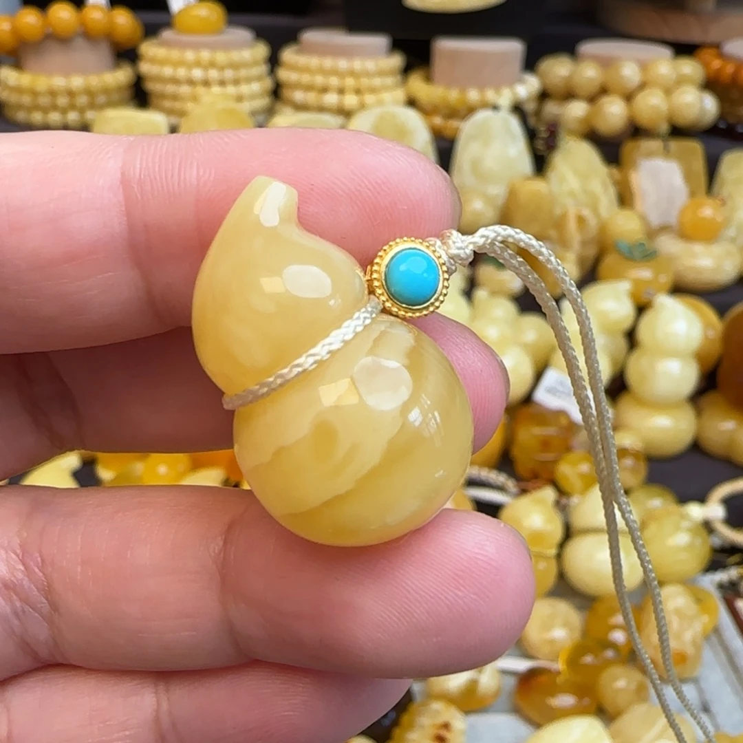 琥珀未镶嵌套链天然俄料虎皮妖花蜜蜡葫芦吊坠