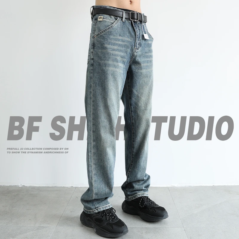 水洗做旧猫须牛仔裤男士秋季新款高端美式复古宽松休闲直筒长裤子