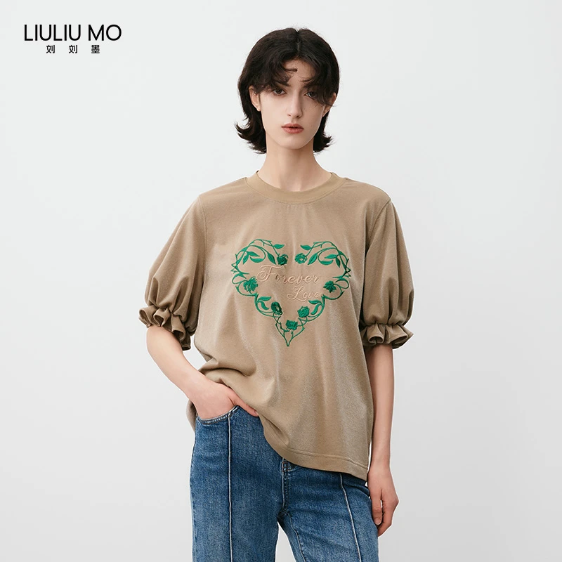 刘刘墨夏季设计感小众刺绣卡其色宽松显白泡泡袖复古撞色绣花T恤