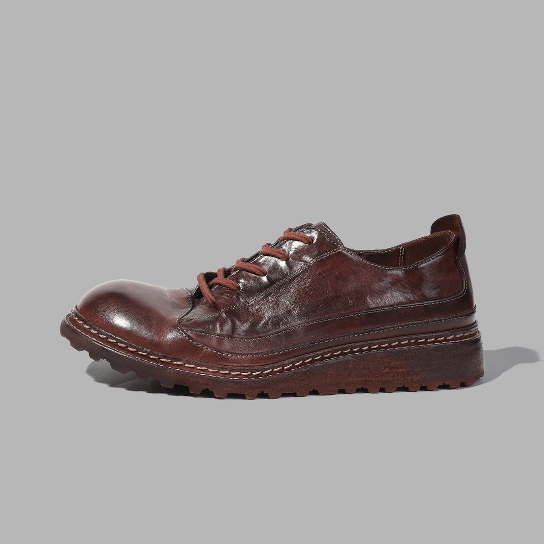 胖头鱼休闲皮鞋重工水洗厚底手工固特异工艺马皮复古男鞋 A2033