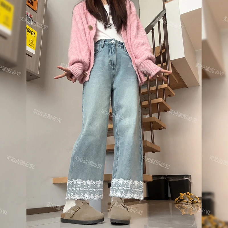 浅蓝九分蕾丝裤脚牛仔裤女2025春夏新款小个子高腰显瘦宽松直筒裤