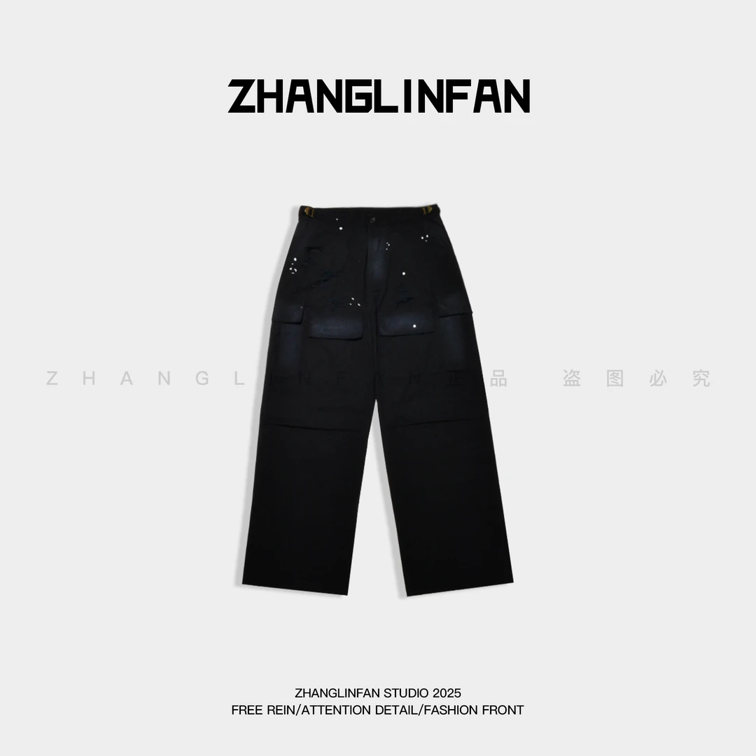【张临帆】25S/S 重工水洗破坏设计手工喷白多口袋工装阔腿休闲裤男