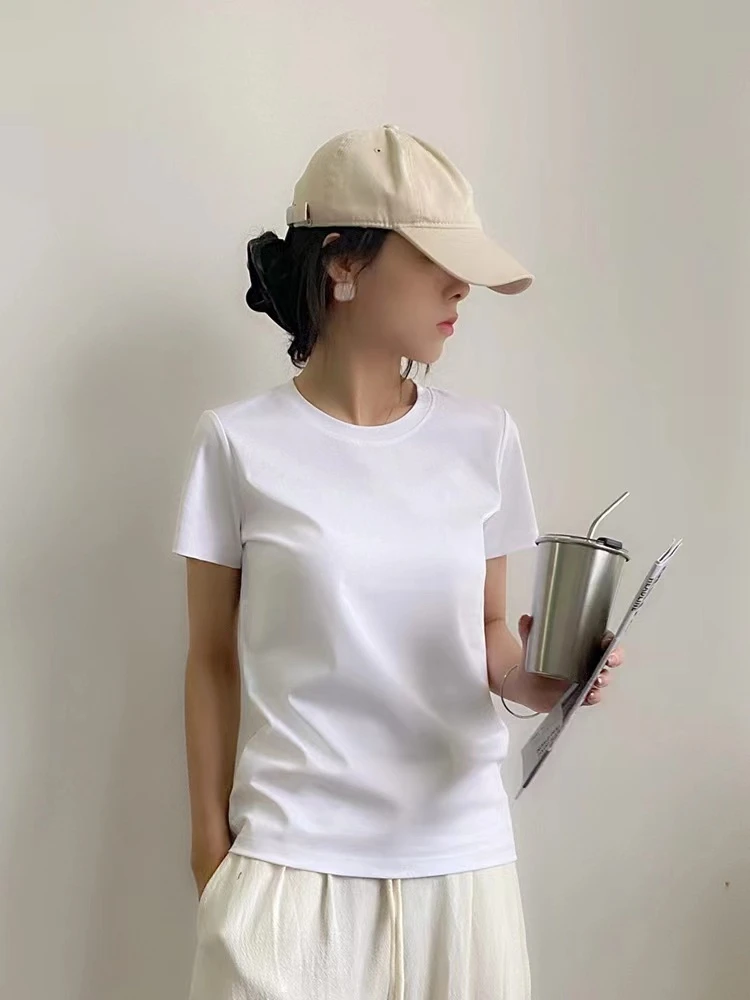 【T恤天花板】100%棉女款液氨丝光圆领小白T百搭通勤纯欲慵懒风女装