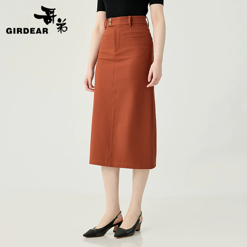 GIRDEAR/哥弟新款简约高腰双口袋百搭直筒半身裙1200369-4223537